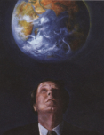 Ein Mann in Betrachtung der Erde, 2004, Mischtechnik auf Hartfaser, 100 x 80 cm