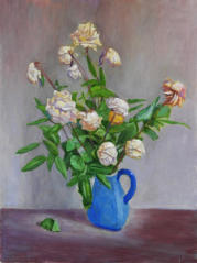 Rosen in blauer Vase, 2022, Mischtechnik auf Hartfaser, 80 x 60 cm